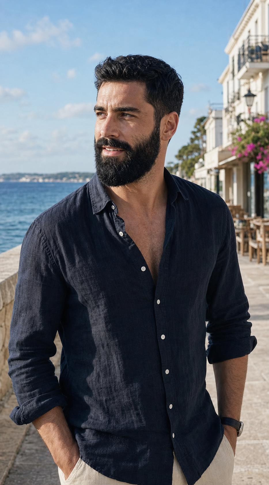 Male model with black hair and black beard by the seaside