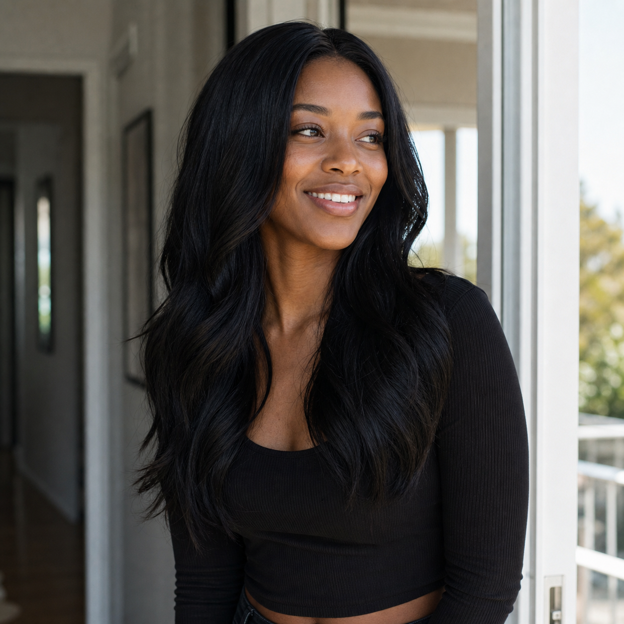 Customer with glossy black hair